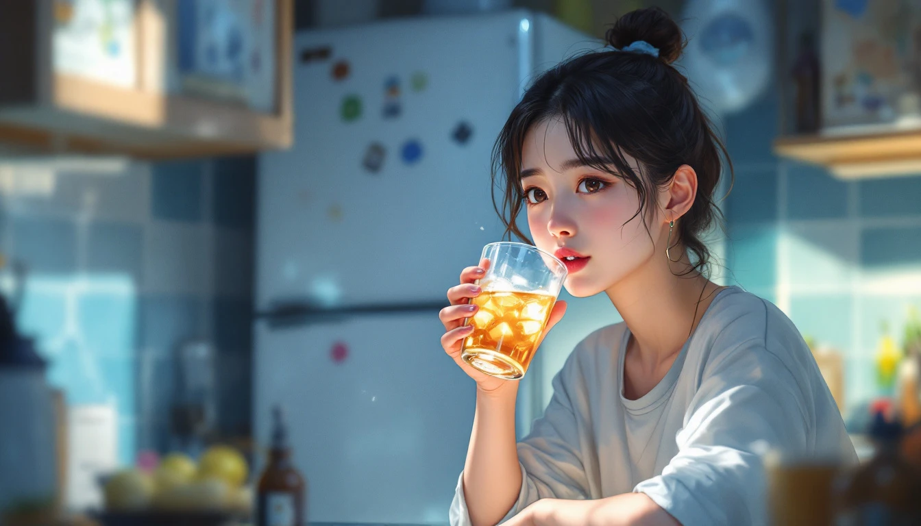 冷えた麦茶と夏の台所の見本（誰もが知る夏・暑さと一息）
