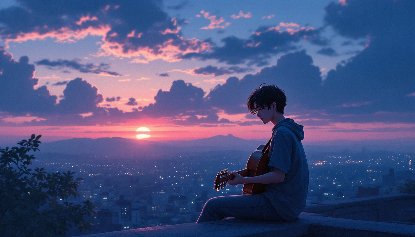 夜明けの屋上とギターの見本（始まりの予感）