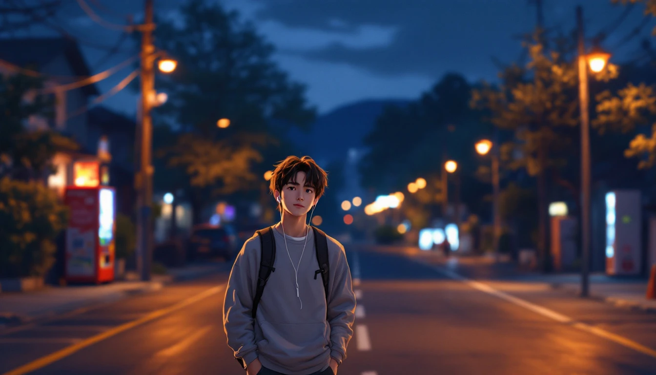 イヤホンと夜の散歩道の見本（自分だけの音楽・帰り道）