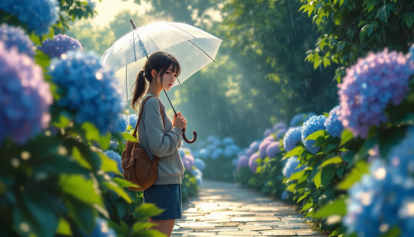 梅雨の晴れ間と紫陽花の見本（しっとりとした季節・雨上がりの光）