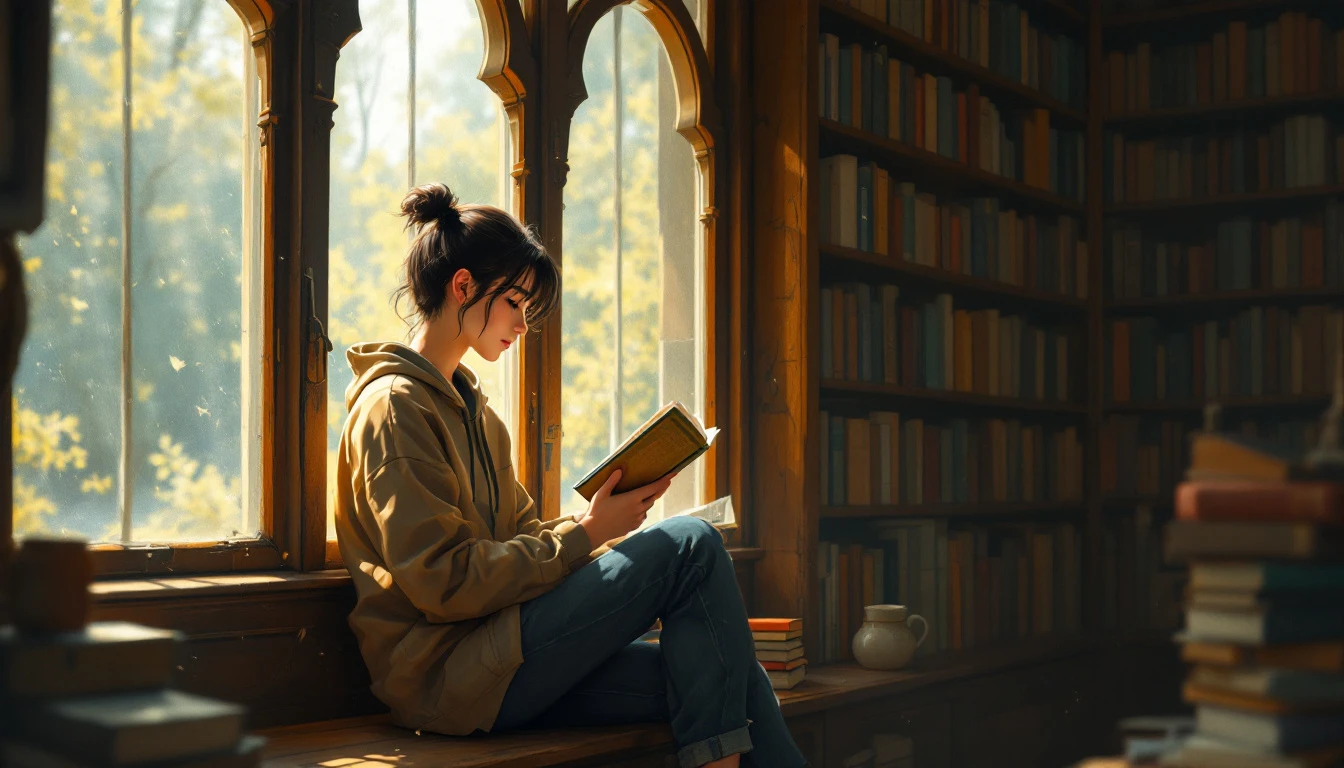 図書館の窓辺の見本（ひとりの午後・言葉に浸る）