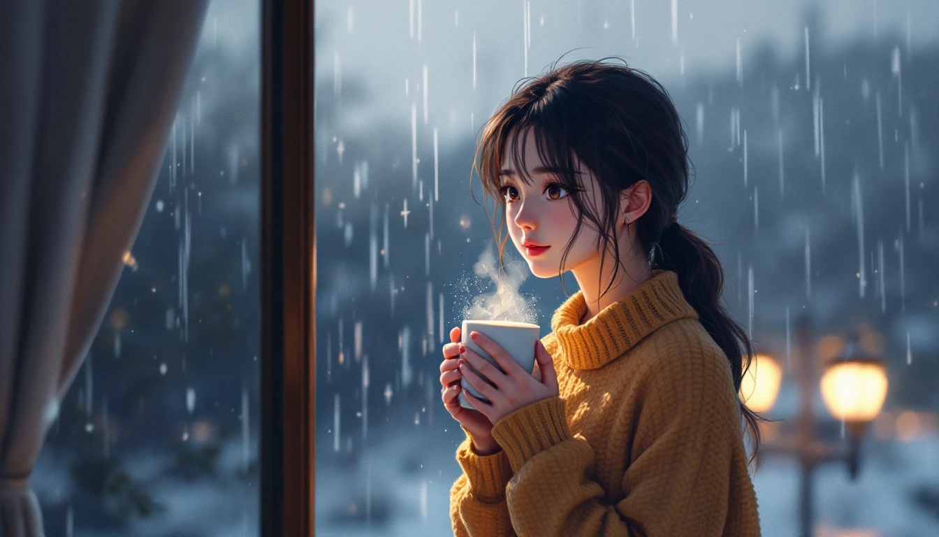 雨の日の窓辺とコーヒーの見本（雨音とあたたかさ）