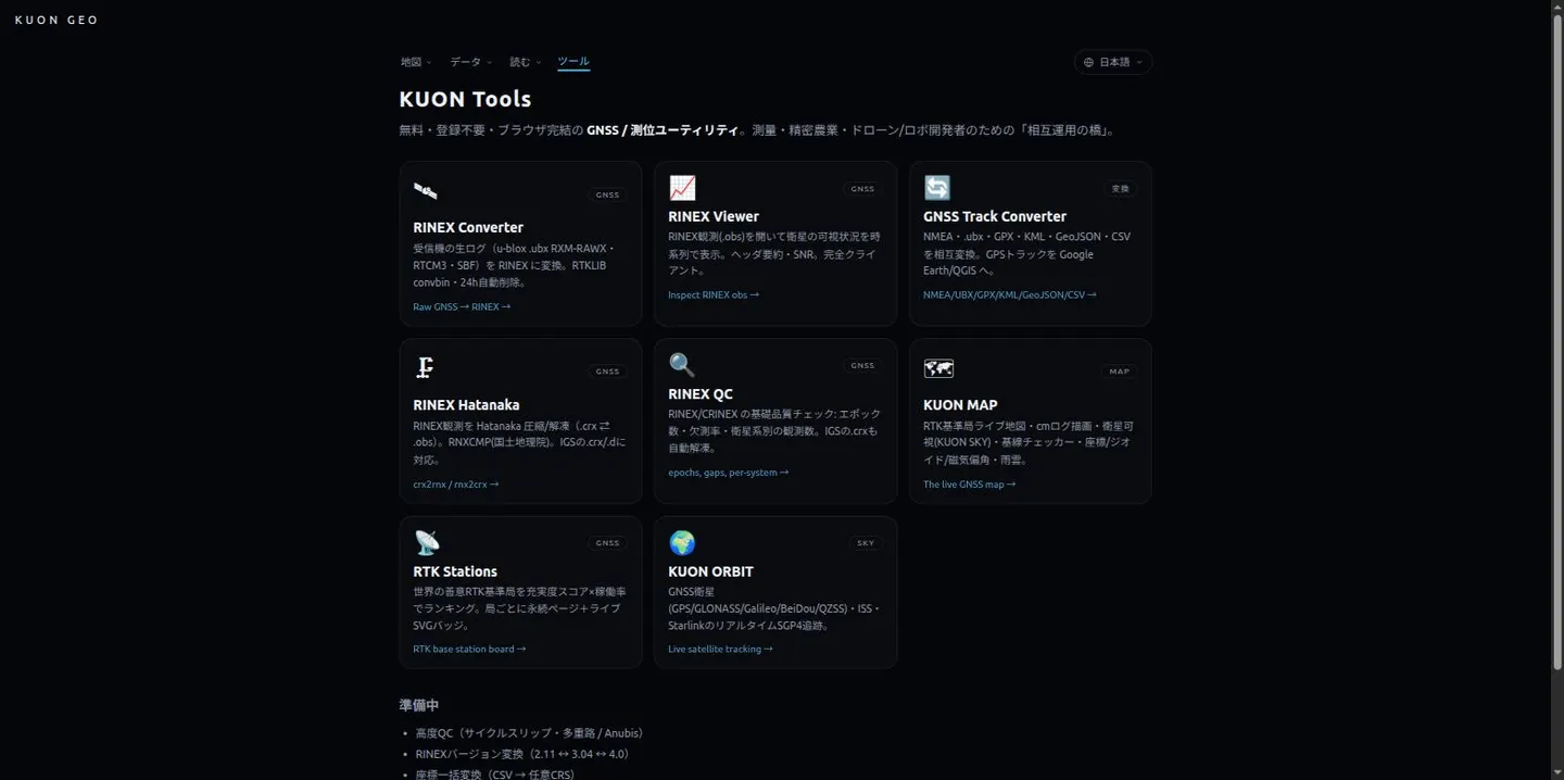 KUON Tools の一覧。RINEX Converter、RINEX Viewer、GNSS Track Converter、RINEX Hatanaka、RINEX QC、KUON MAP、RTK Stations、KUON ORBIT の8つが並んでいる