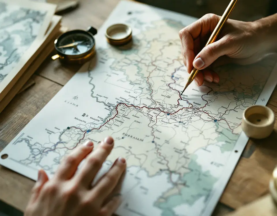 地図に道筋を引いている手と、方位磁針