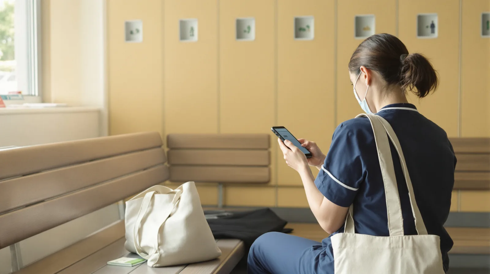 仕事のあと、更衣室でスマートフォンを見る看護師