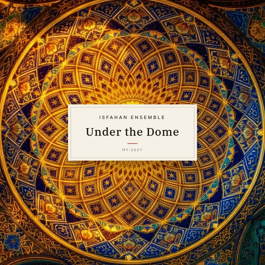 イスファハンのドームの天井 の文様で組んだ CD ジャケットの見本。中央の札に架空の題名「Under the Dome」