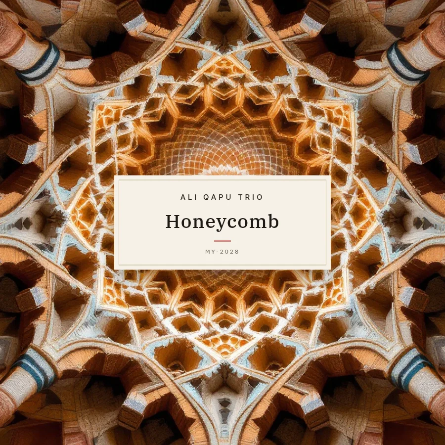 ムカルナス の文様で組んだ CD ジャケットの見本。中央の札に架空の題名「Honeycomb」