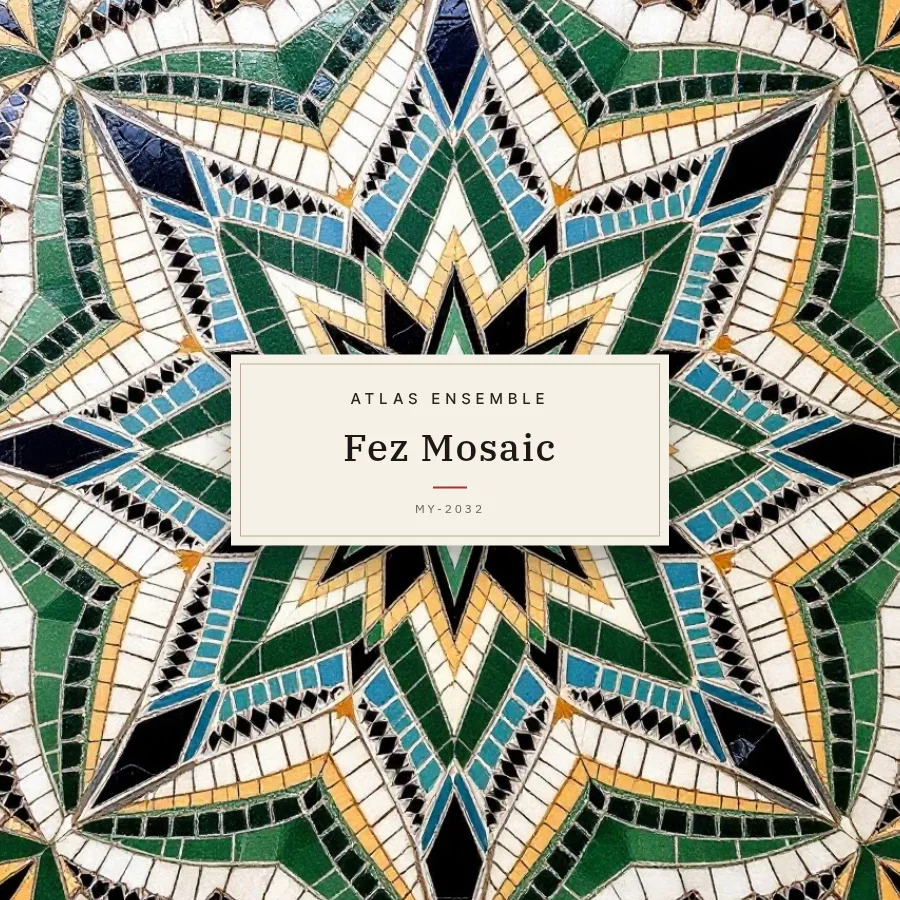 ゼリージュ の文様で組んだ CD ジャケットの見本。中央の札に架空の題名「Fez Mosaic」