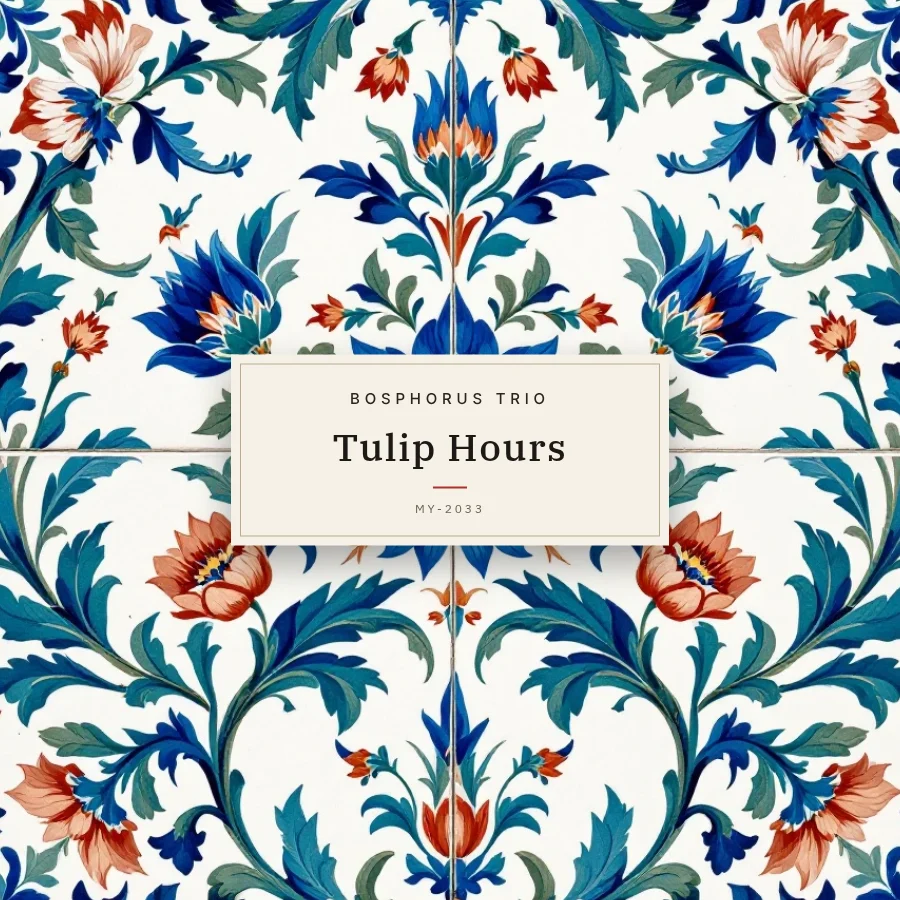 イズニクのタイル の文様で組んだ CD ジャケットの見本。中央の札に架空の題名「Tulip Hours」
