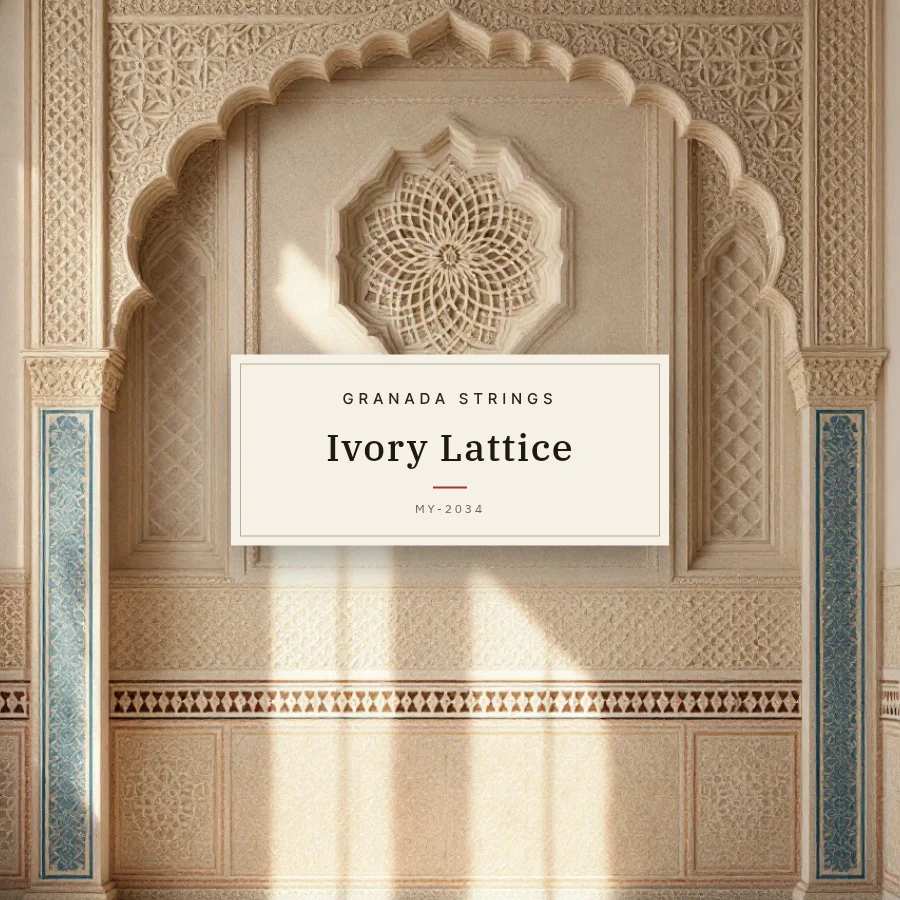 アルハンブラの漆喰の網目 の文様で組んだ CD ジャケットの見本。中央の札に架空の題名「Ivory Lattice」