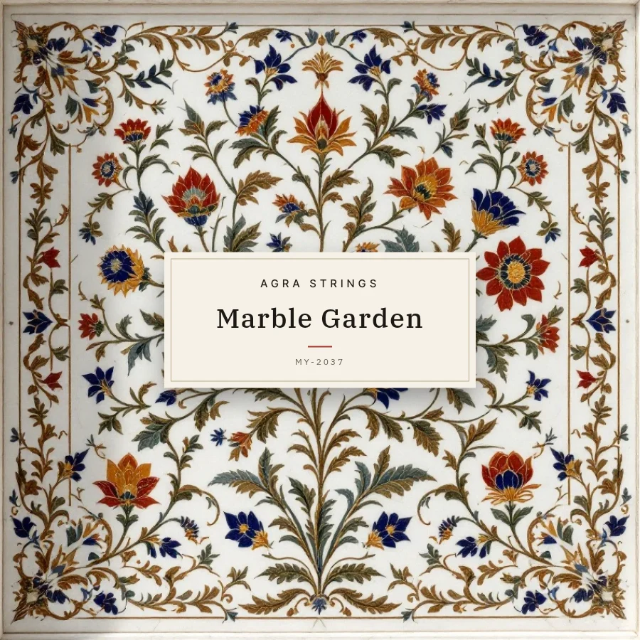 ムガルの象嵌 の文様で組んだ CD ジャケットの見本。中央の札に架空の題名「Marble Garden」