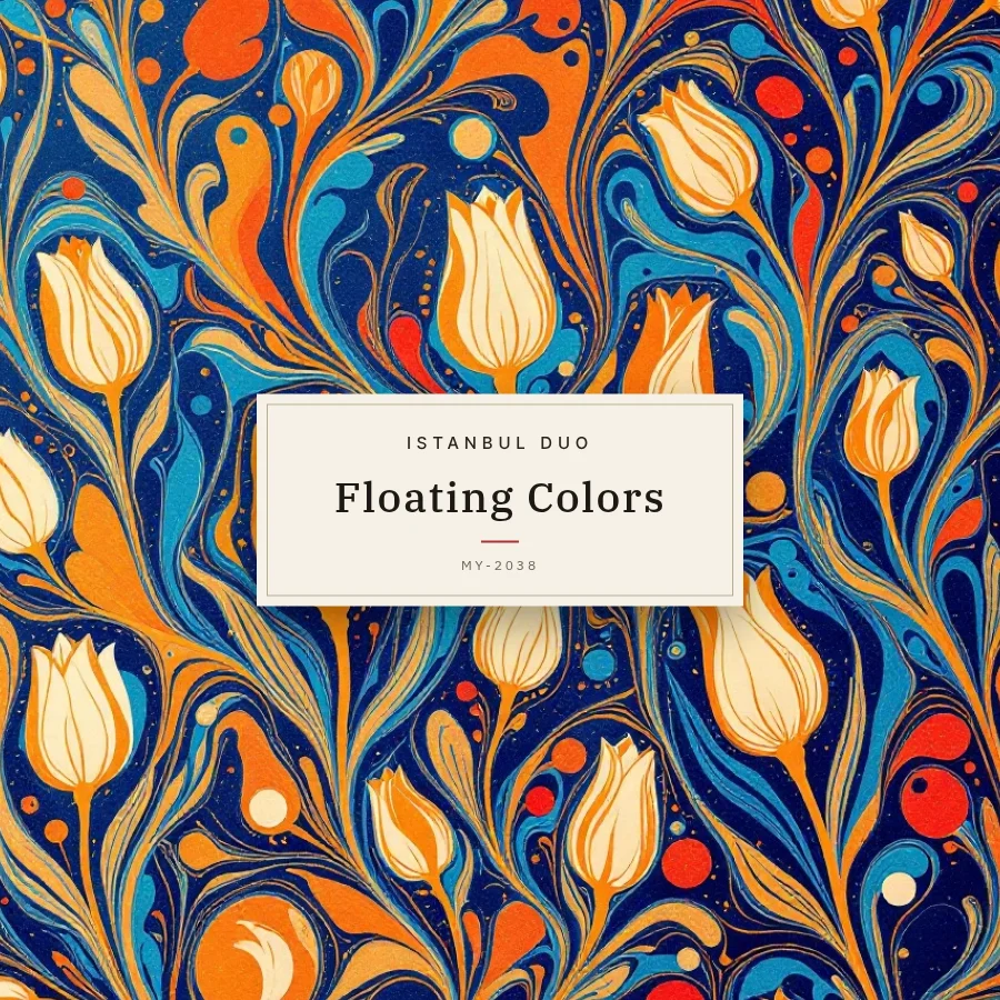 エブル の文様で組んだ CD ジャケットの見本。中央の札に架空の題名「Floating Colors」
