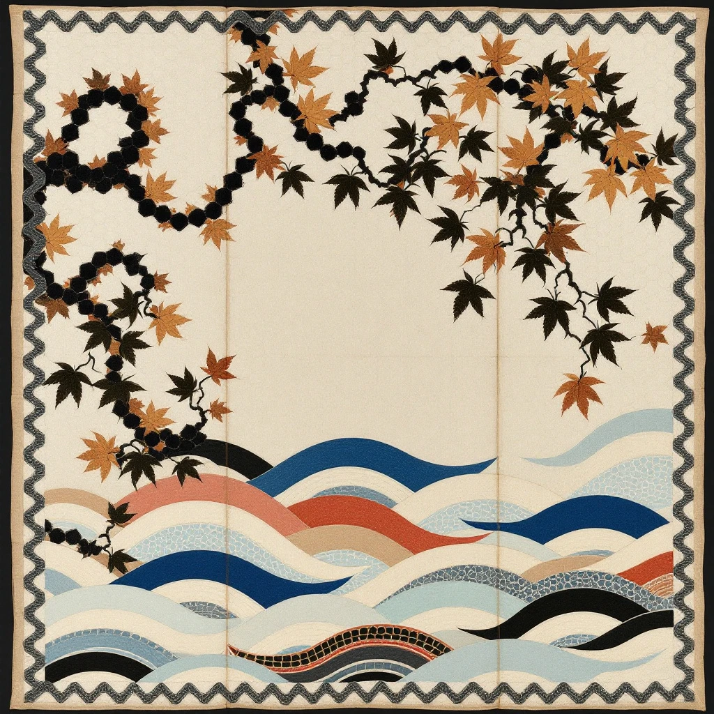 紅型　網目と楓 の配色で描いた布の絵