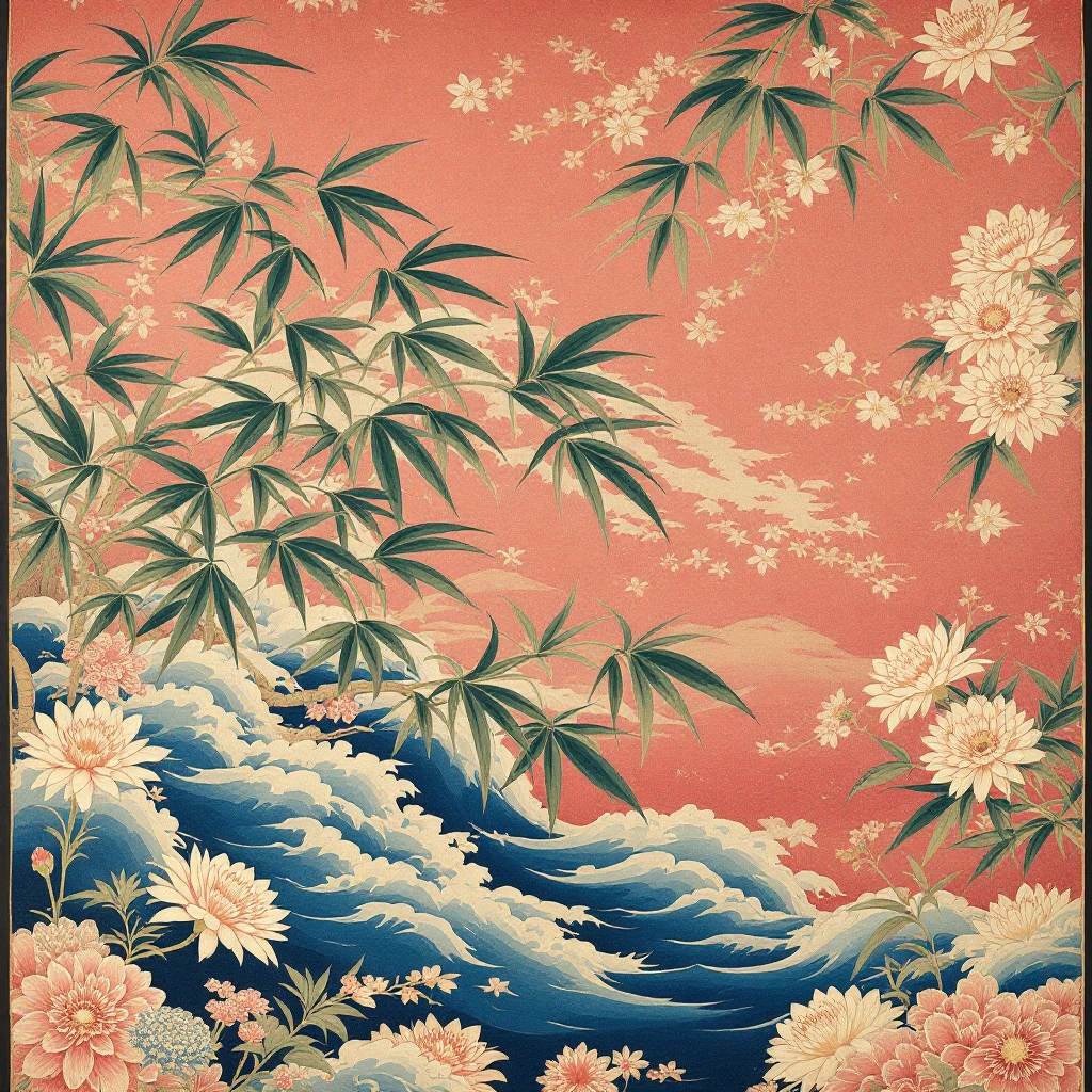 紅型　桃地の流水と松 の配色で描いた布の絵